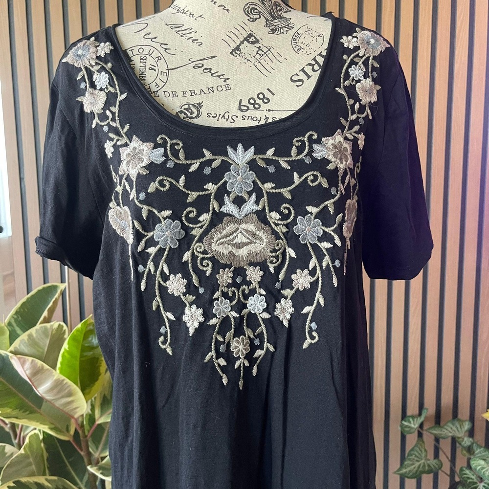 Terre Bleue Black Embroidered‎ Tunic Dress Short Sleeve Size L - Picture 2 of 8
